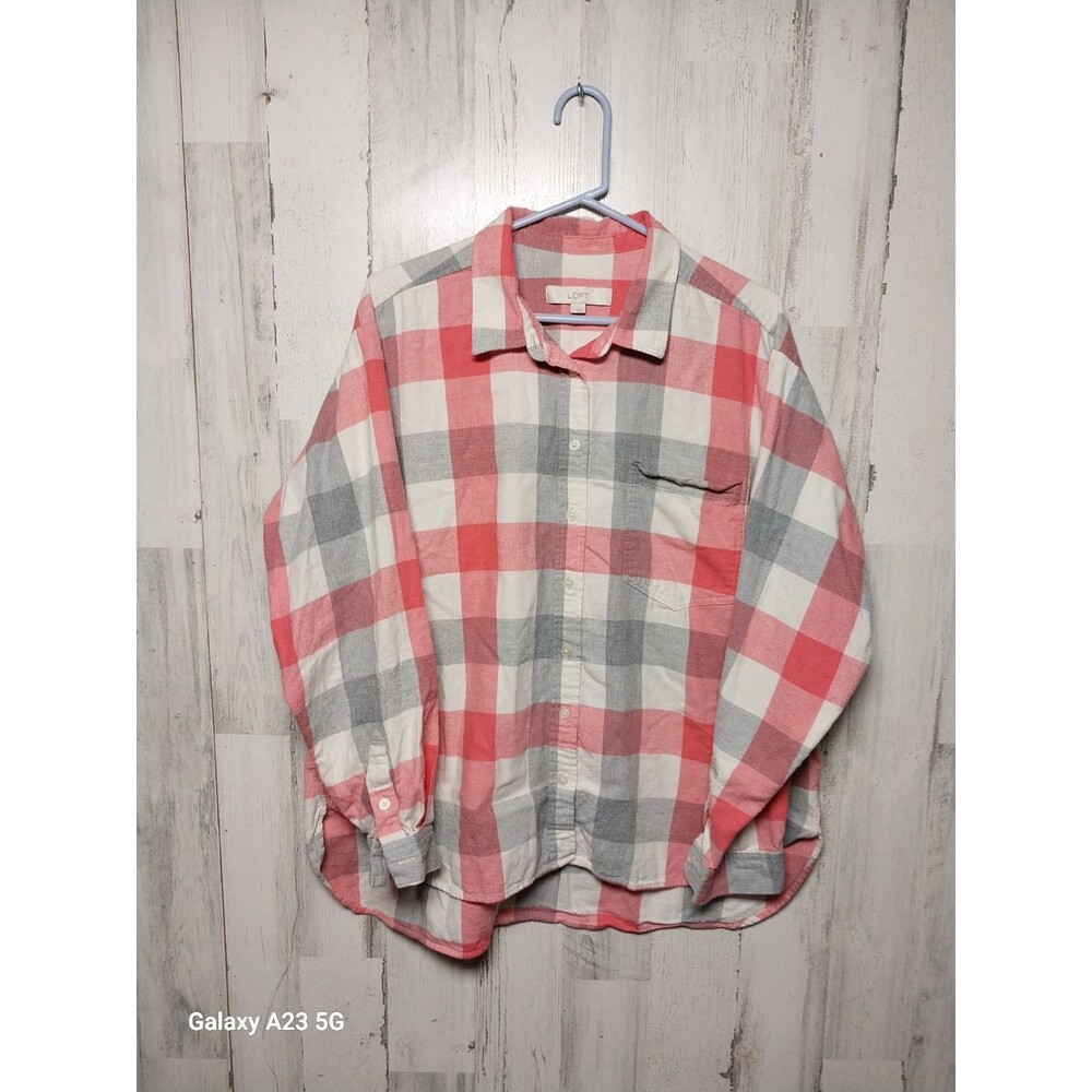 LOFT Women’s XL Pink Gray Check Flannel Shirt